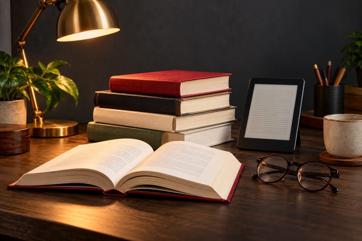 Stack of books, open book, e-reader, reading glasses, and desk lamp on a wooden table