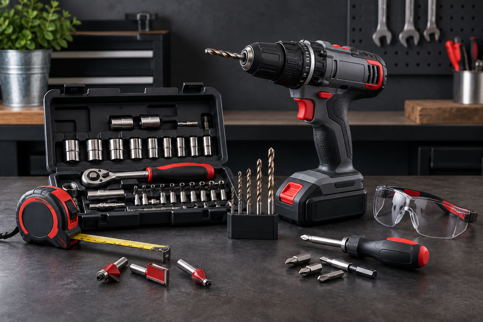 Cordless drill, hand tools, drill bits, router bits, tape measure, and safety glasses arranged on a workbench