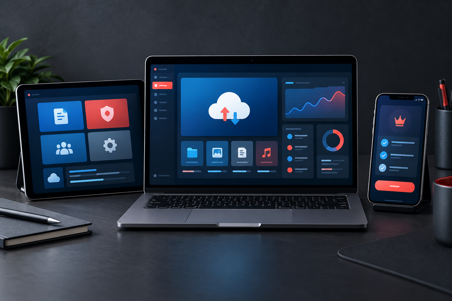 Laptop, tablet, and smartphone displaying software, cloud storage, security, and digital service icons