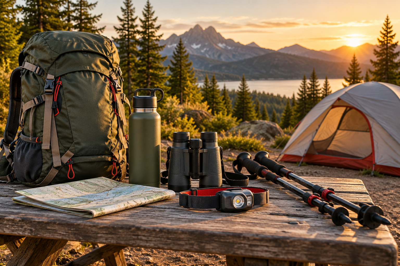 Hiking backpack, tent, water bottle, binoculars, headlamp, map, and trekking poles at a mountain campsite