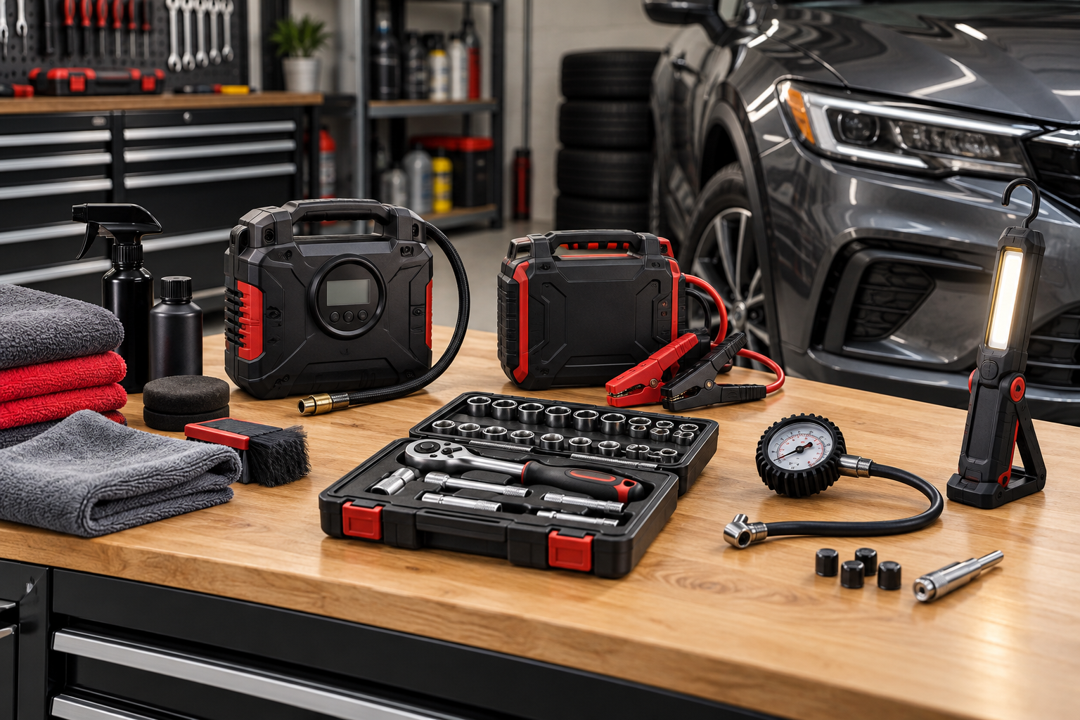 Automotive tools and accessories including a tire inflator, jump starter, socket set, pressure gauge, and work light