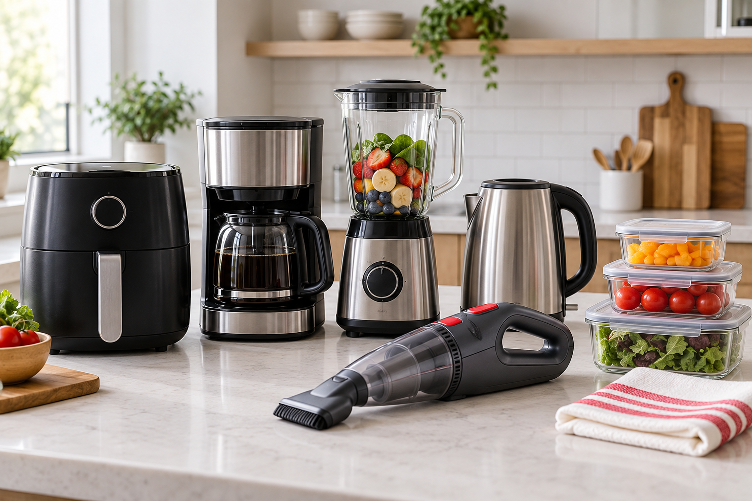 Air fryer, coffee maker, blender, electric kettle, food containers, and cordless hand vacuum on a kitchen counter