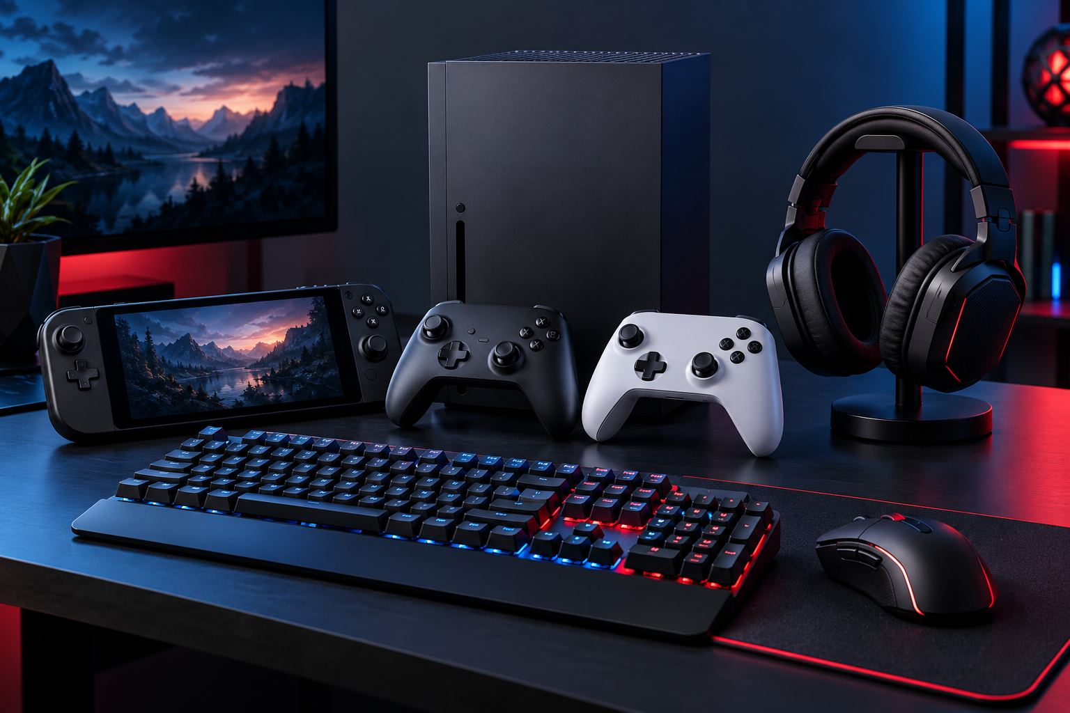 Game console, wireless controllers, gaming headset, handheld gaming device, keyboard, and gaming mouse