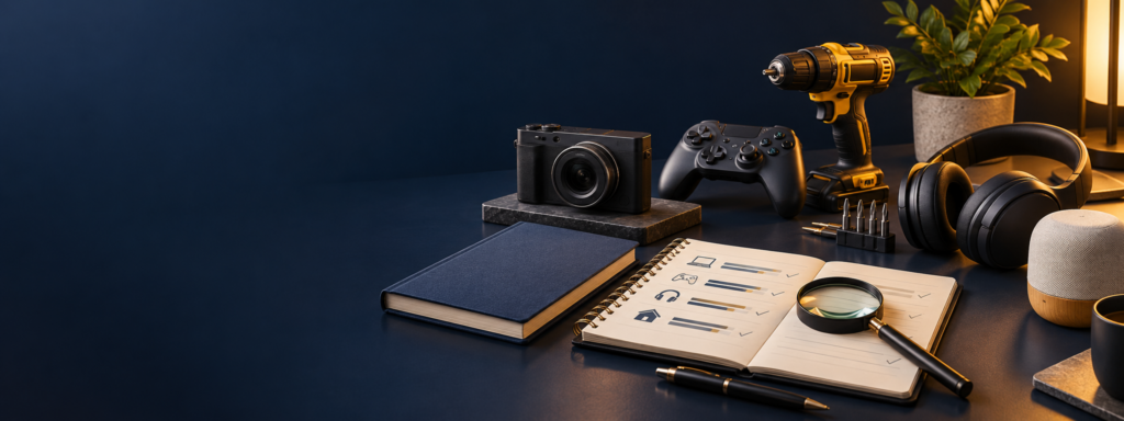 Product research workspace with electronics, gaming equipment, tools, books, and comparison notes