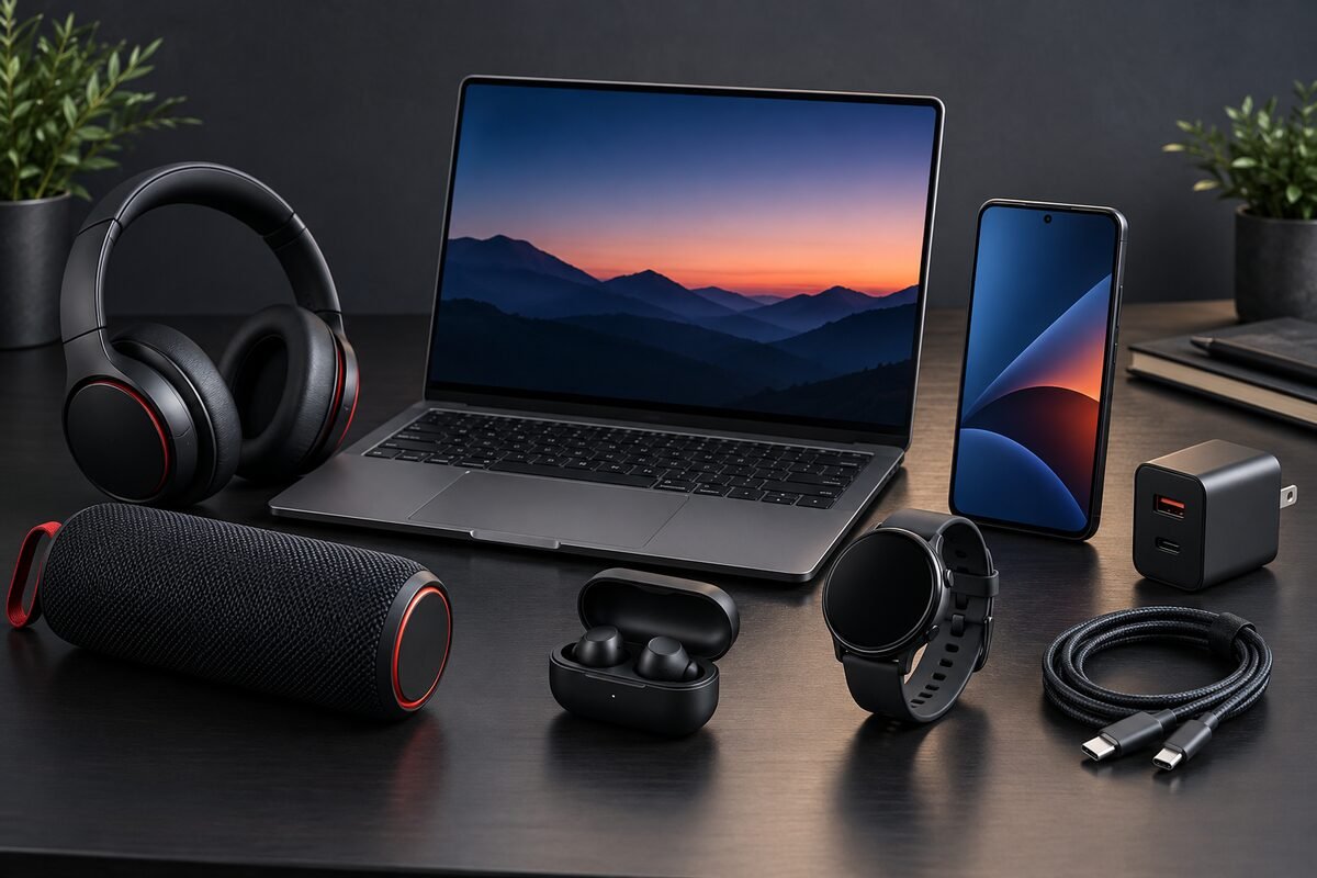 Laptop, smartphone, headphones, wireless earbuds, smartwatch, portable speaker, charger, and charging cable