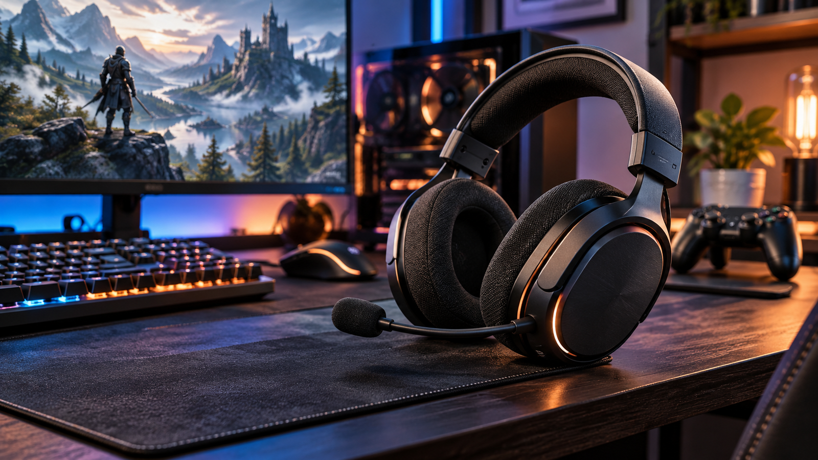 Black wireless-style gaming headset with microphone on a desk featuring a gaming monitor, RGB keyboard, and controller.